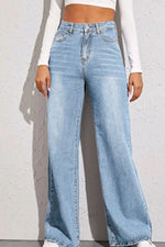 Light blue wide-leg jeans worn by a person against a white background