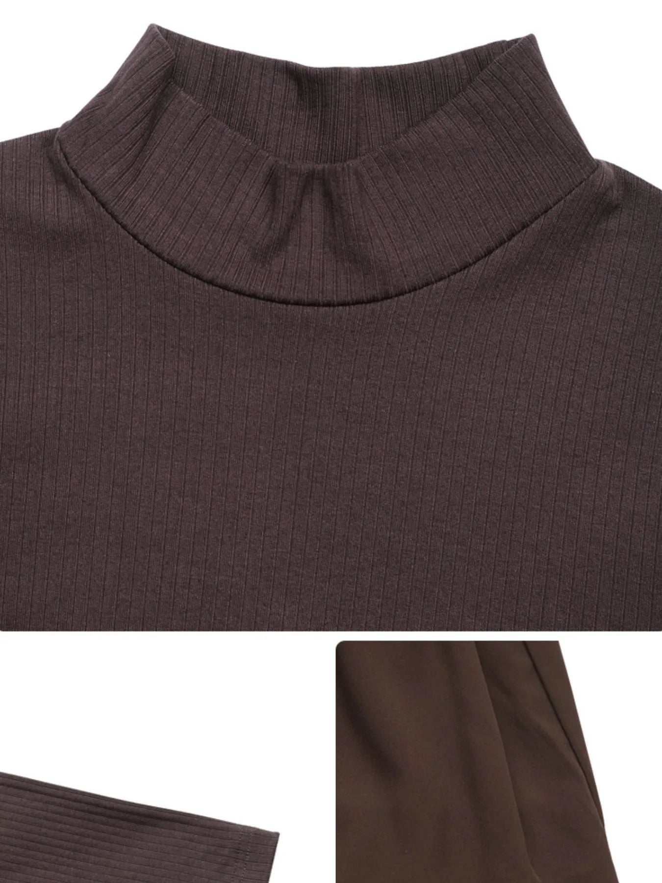 Close-up of a brown ribbed turtleneck sweater on a white background