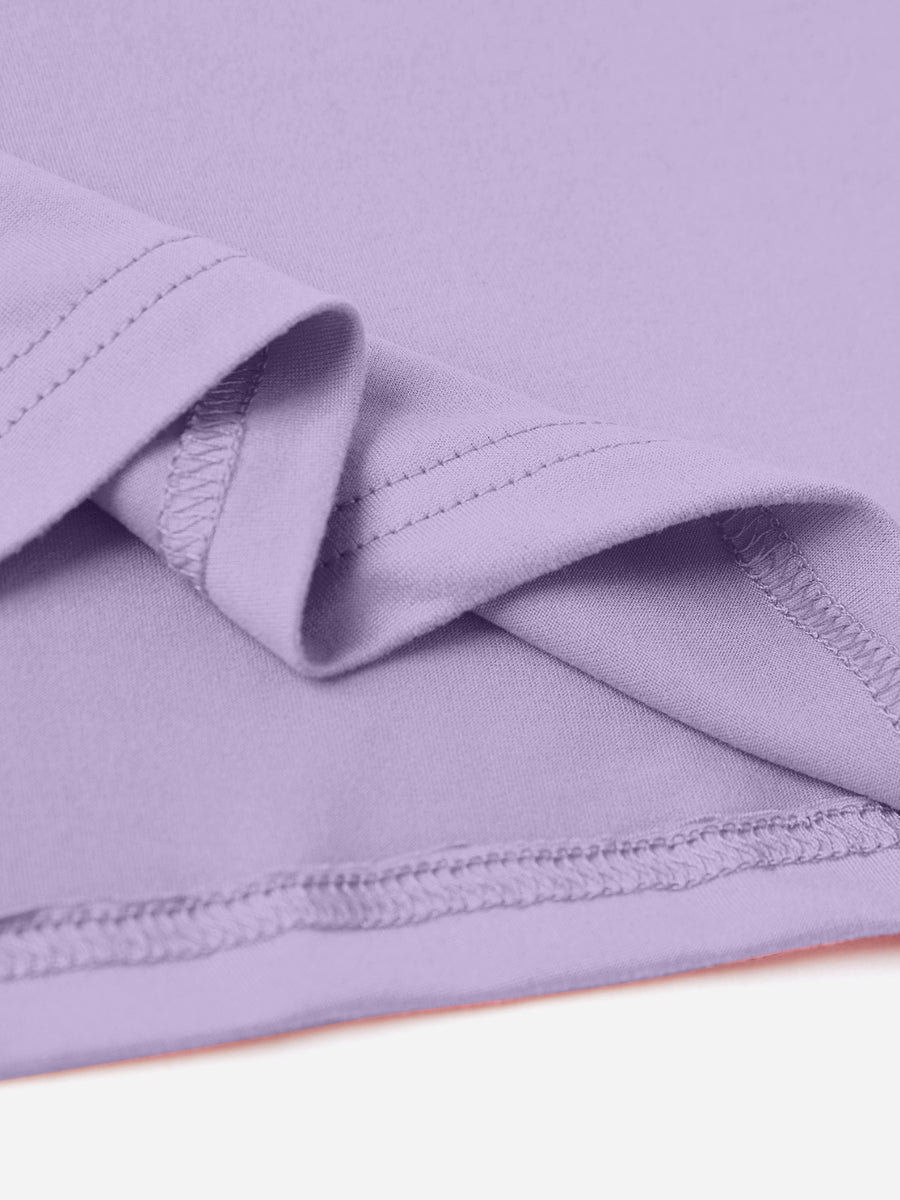 View of hem on purple Graphic Round Neck Short Sleeve T-Shirt