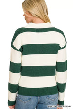 Green and white striped sweater worn by a person, with 'Hunter Green Ivory' text at the bottom.
