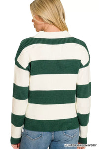 Green and white striped sweater worn by a person, with 'Hunter Green Ivory' text at the bottom.