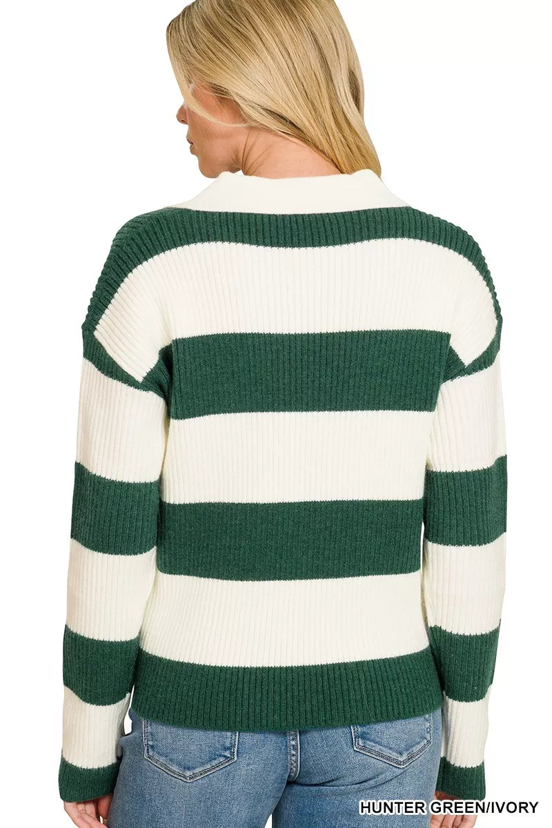 Green and white striped sweater worn by a person, with 'Hunter Green Ivory' text at the bottom.