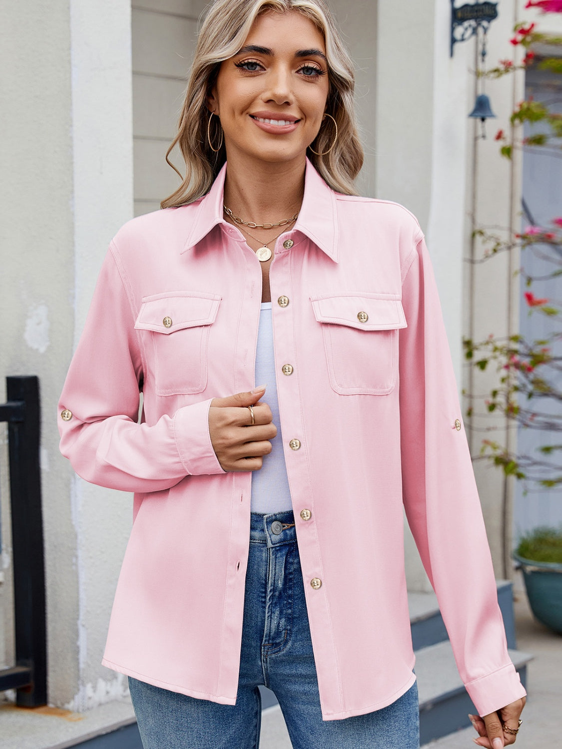 Pink Solid Color Collared Neck Long Sleeve Shirt