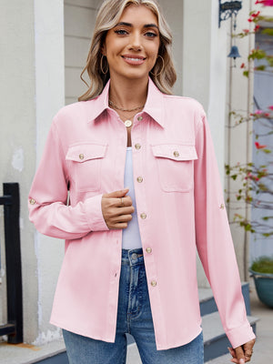 Pink Solid Color Collared Neck Long Sleeve Shirt