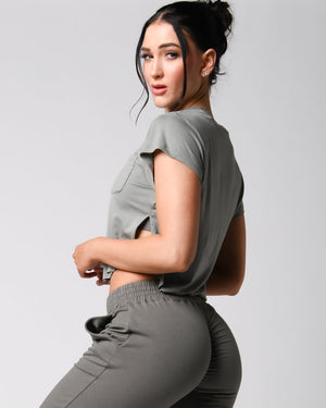 Left side view of the gray *The Flutter Tee* (Perfect Pocket Tee)