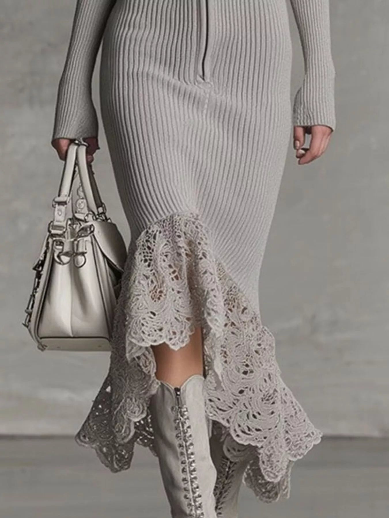Gray ribbed dress with lace hem and white knee-high boots, holding a matching handbag.