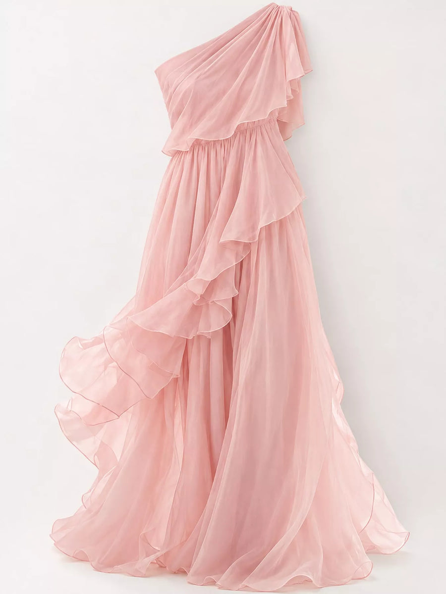 A close up view of pink One-Shoulder Ruffled Chiffon Maxi Dress