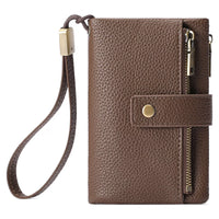 Brown leather wallet with a strap on a white background