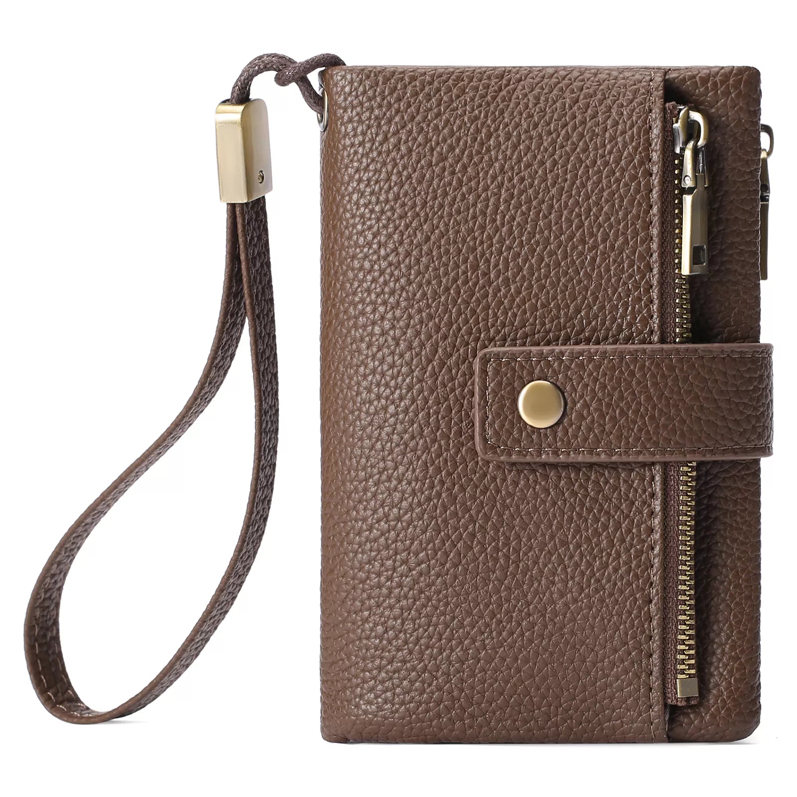 Brown leather wallet with a strap on a white background