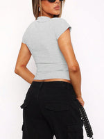 Back view of gray Devine Johnny Collar Short Sleeve T-Shirt