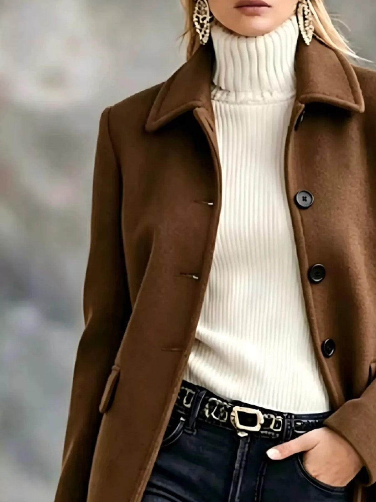 A close-up of a model wearing a brown wool-blend coat over a cream ribbed turtleneck sweater, paired with black jeans and a black belt with a silver buckle.