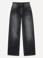 A pair of dark gray washed denim jeans with a straight-leg fit, shown flat against a light gray background.