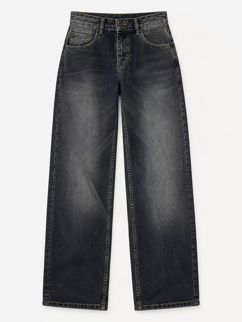 A pair of dark gray washed denim jeans with a straight-leg fit, shown flat against a light gray background.