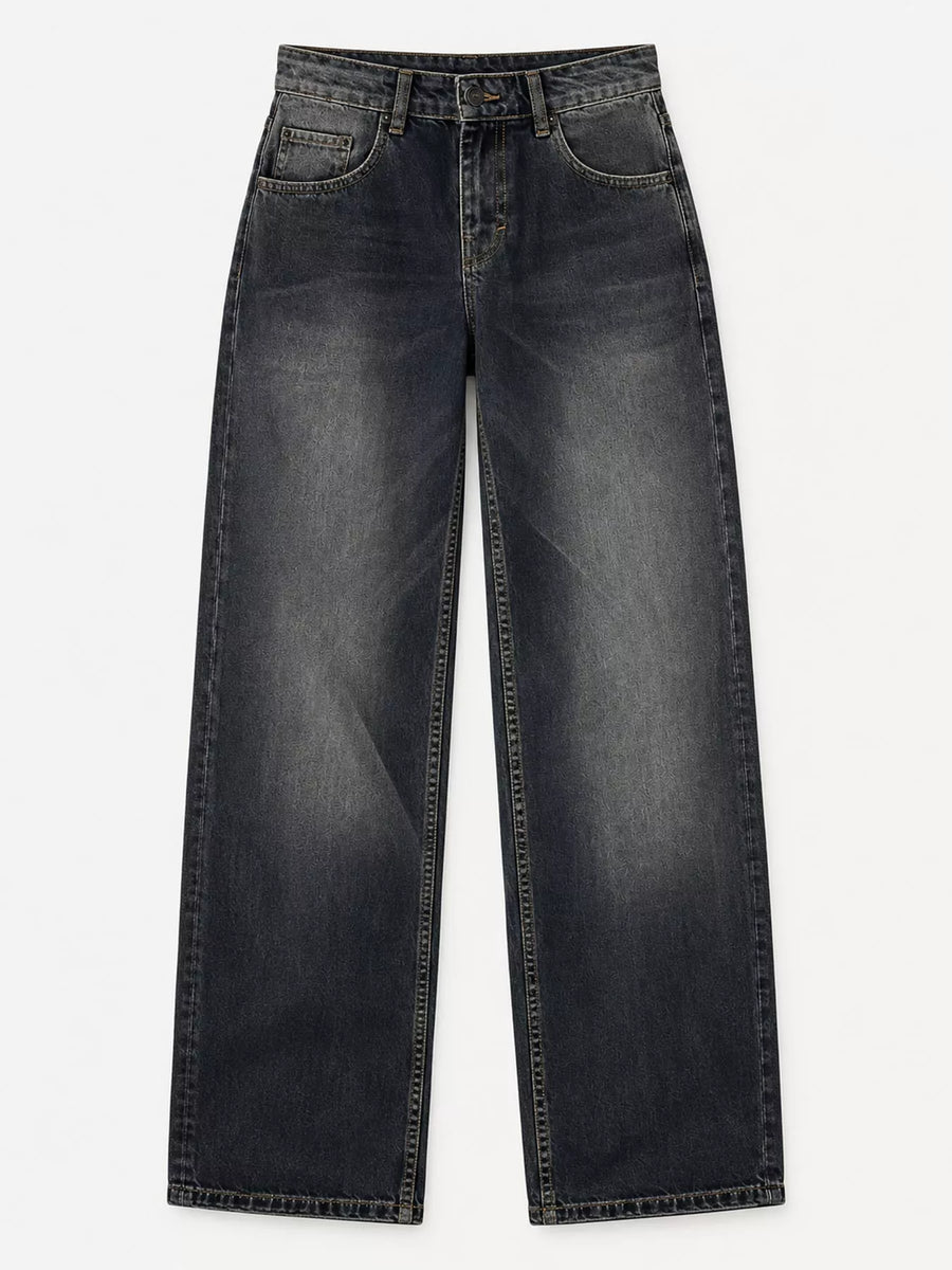 A pair of dark gray washed denim jeans with a straight-leg fit, shown flat against a light gray background.