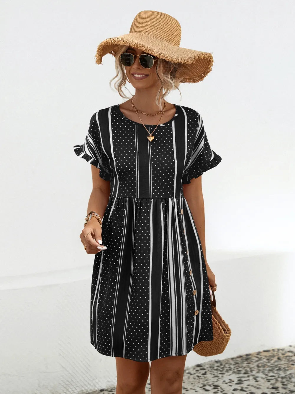 Front view of Striped Polka Dot Frill Short Sleeve Mini Dress 