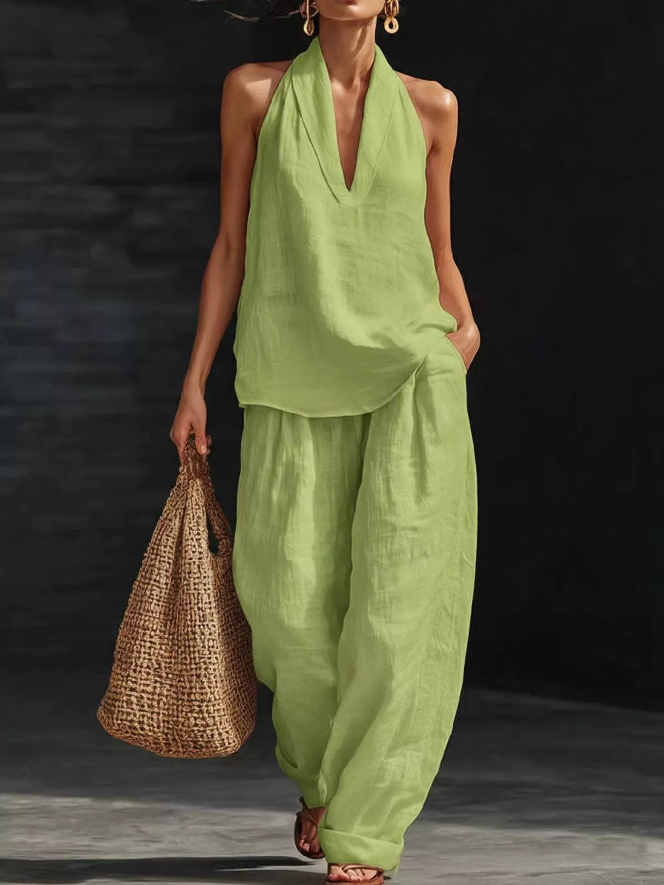 Woman wearing a green outfit holding a woven bag on a dark background