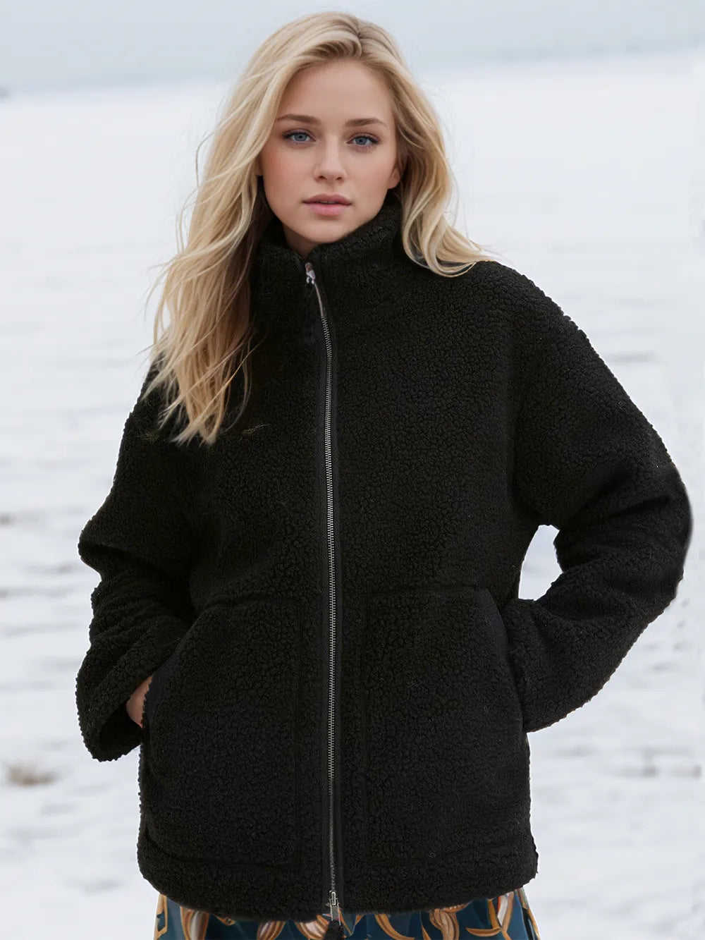 Woman wearing a black fleece jacket in a snowy landscape