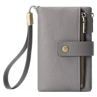 Gray wallet with a strap and gold accents on a white background