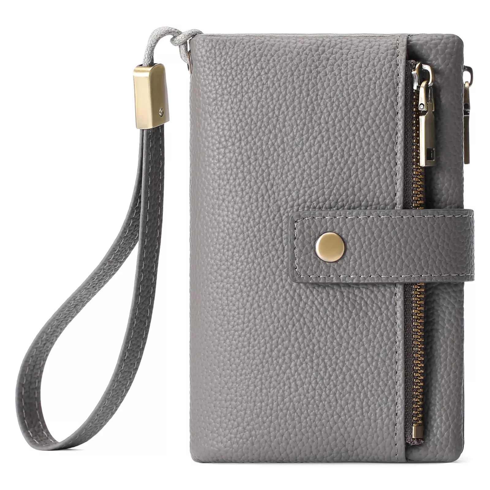 Gray wallet with a strap and gold accents on a white background