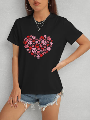 Front view of black Heart Round Neck Short Sleeve T-Shirt