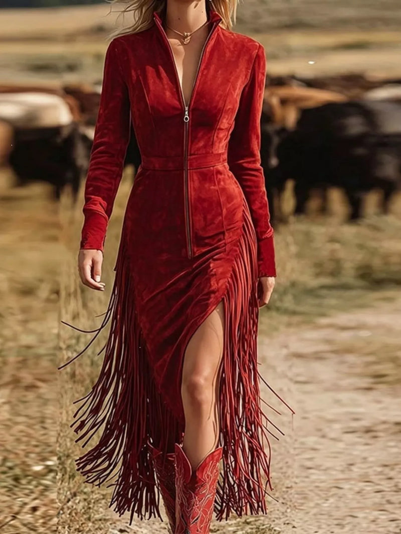 A full view of Fringe Zip-Front Midi Dress