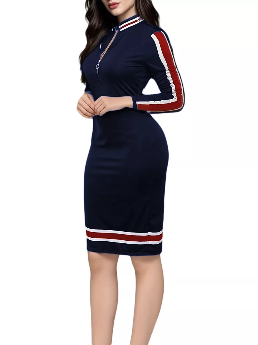 Navy dress with red and white stripes on sleeves against a white background