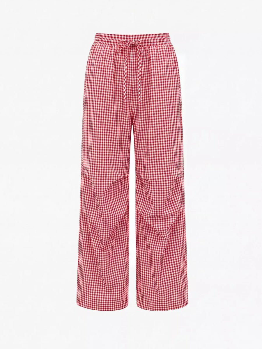 A close view of High-Waisted Gingham Wide-Leg Drawstring Pants For Women