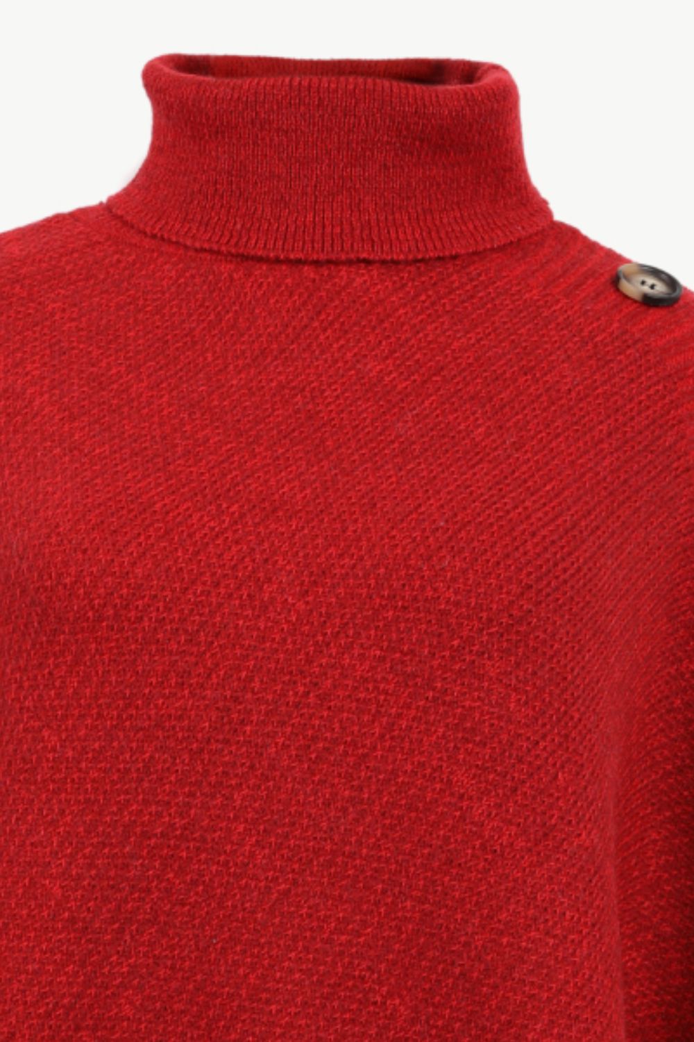 Red turtleneck sweater with a button on a white background