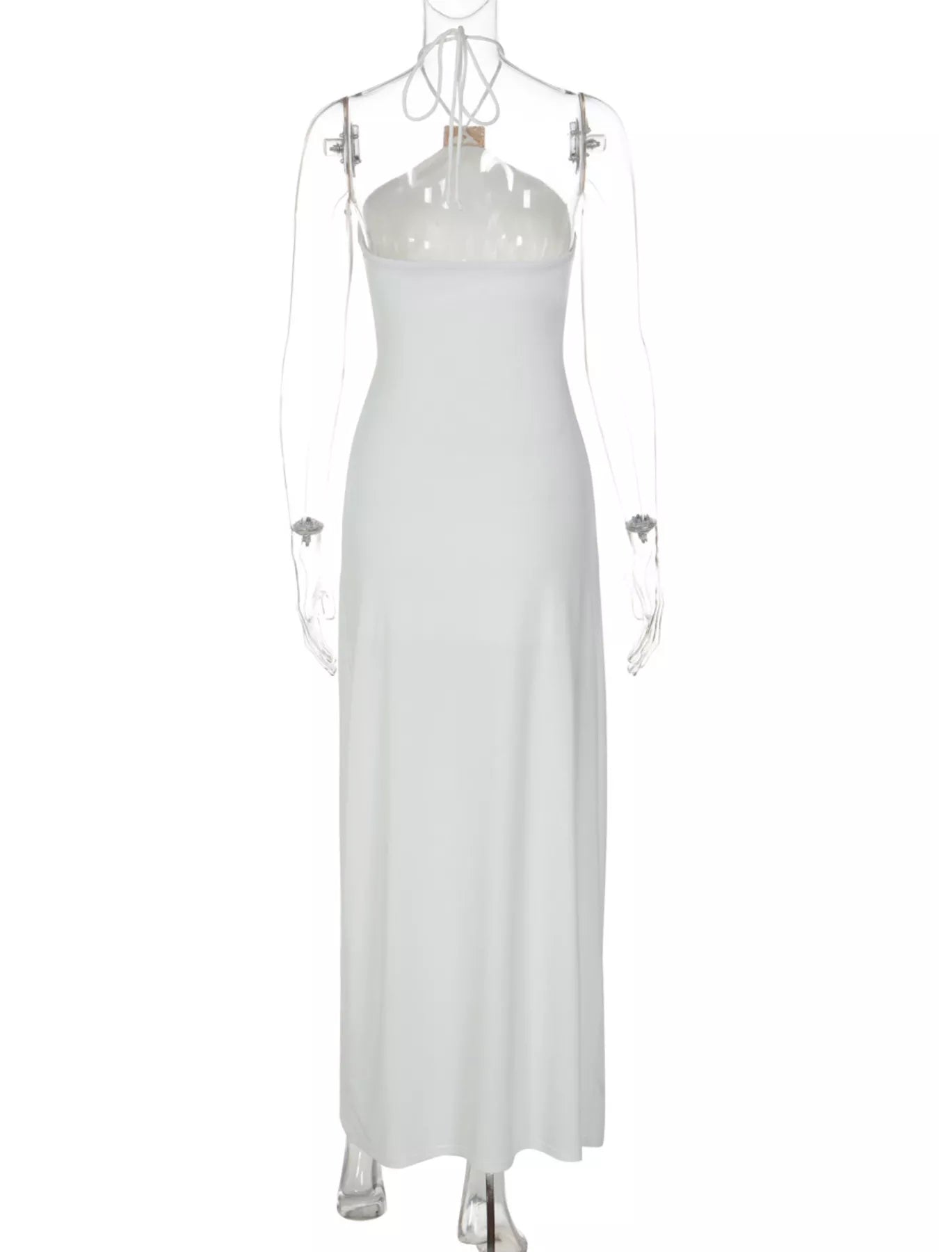 Backless Ruched Halter Neck Maxi Dress on a mannequin 