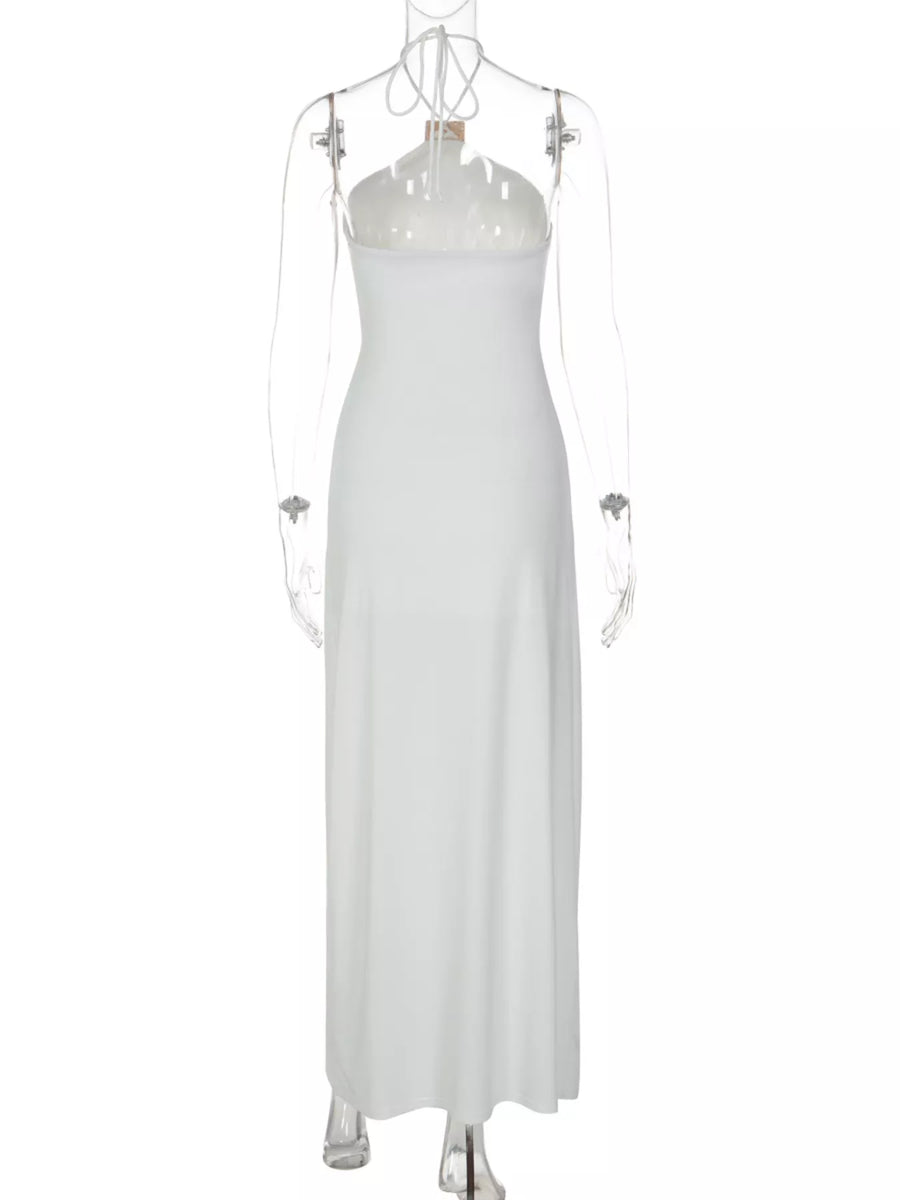 Backless Ruched Halter Neck Maxi Dress on a mannequin 
