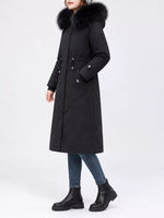 Left side view of black Women's Detachable Longline Hooded Parka with Faux Fur Trim and Drawstring Waist
