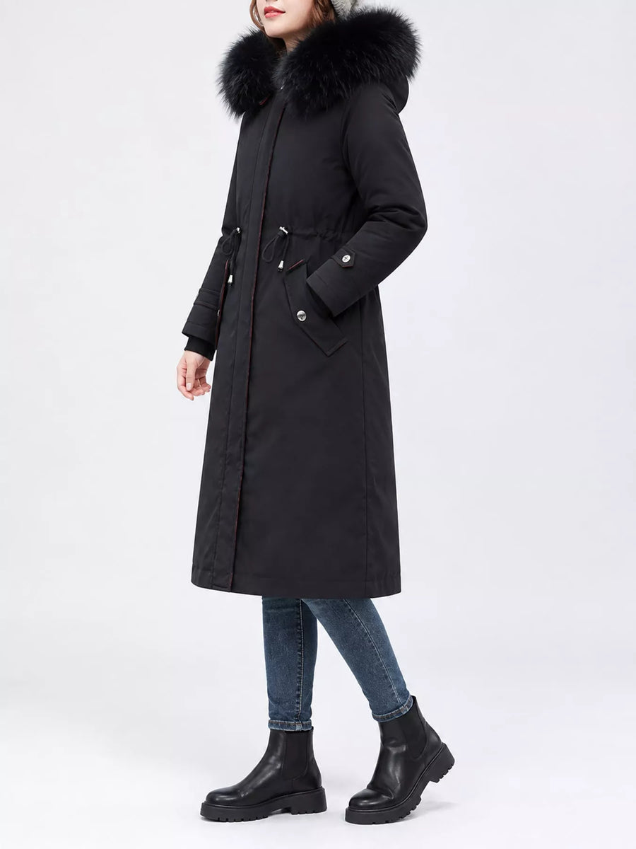 Left side view of black Women's Detachable Longline Hooded Parka with Faux Fur Trim and Drawstring Waist