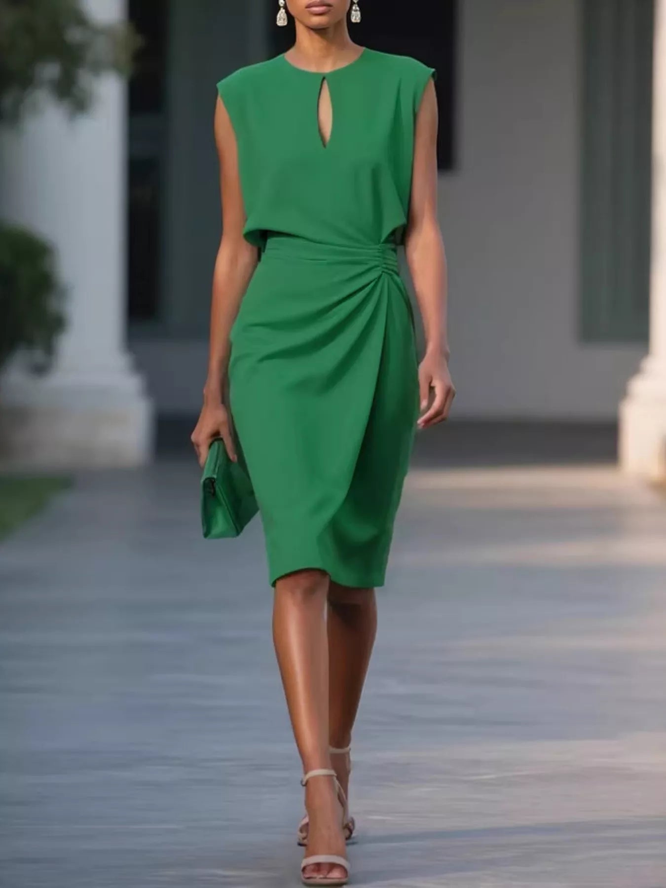 Woman wearing a green dress walking outdoors.