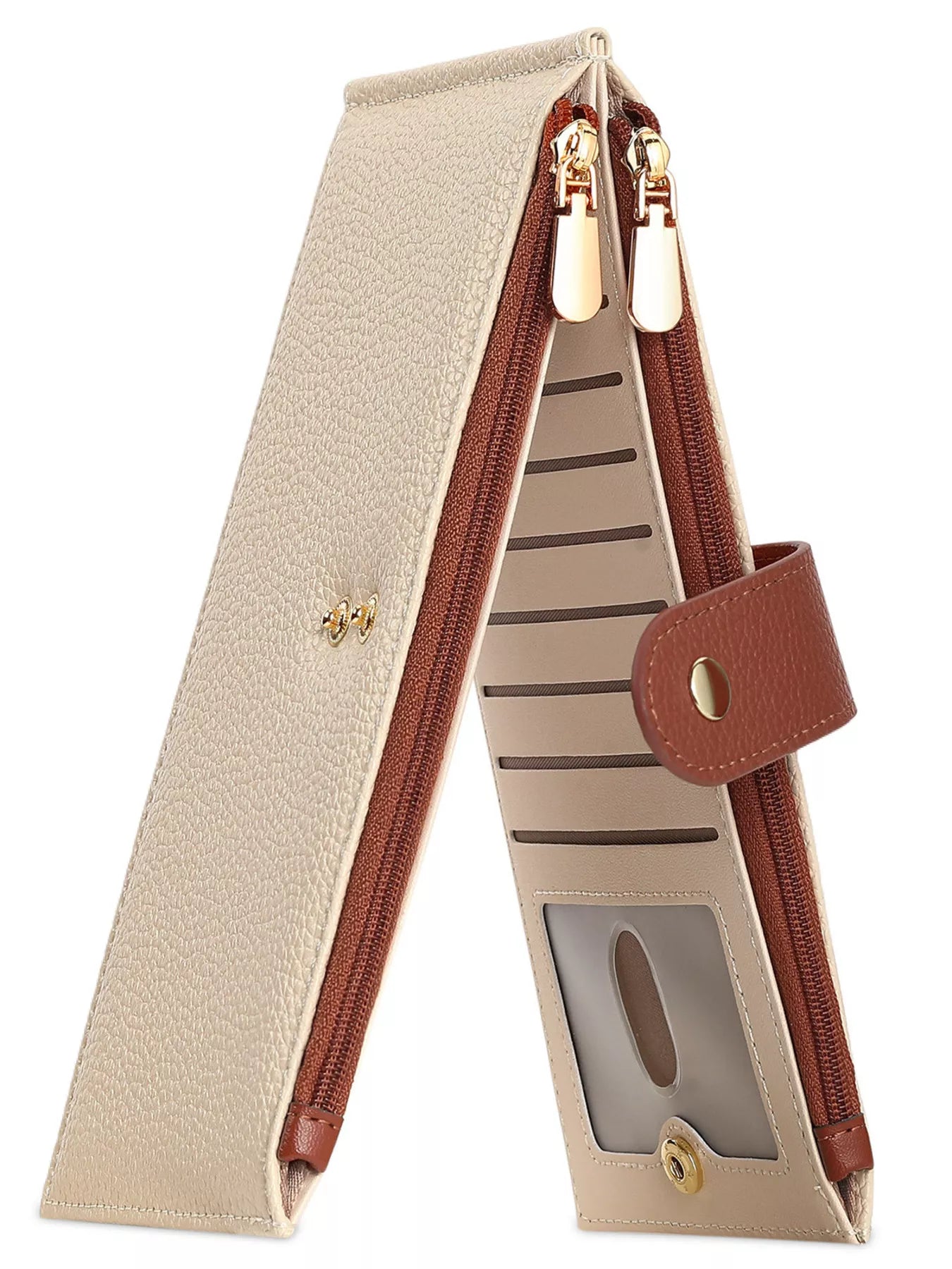 Beige and brown wallet with a strap on a white background