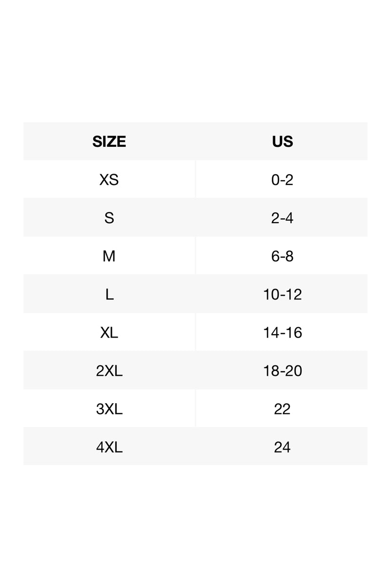 Size chart for children's clothing with US size equivalents on a white background