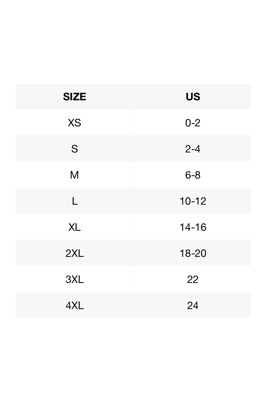 Size chart for children's clothing with US size equivalents on a white background
