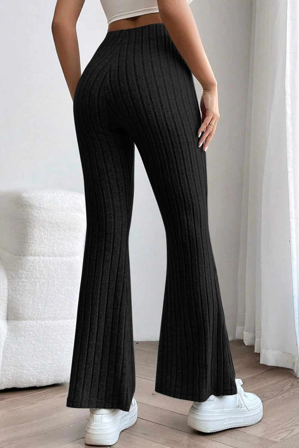 Back view of Basic Bae Full Size Ribbed High Waist Flare Pants