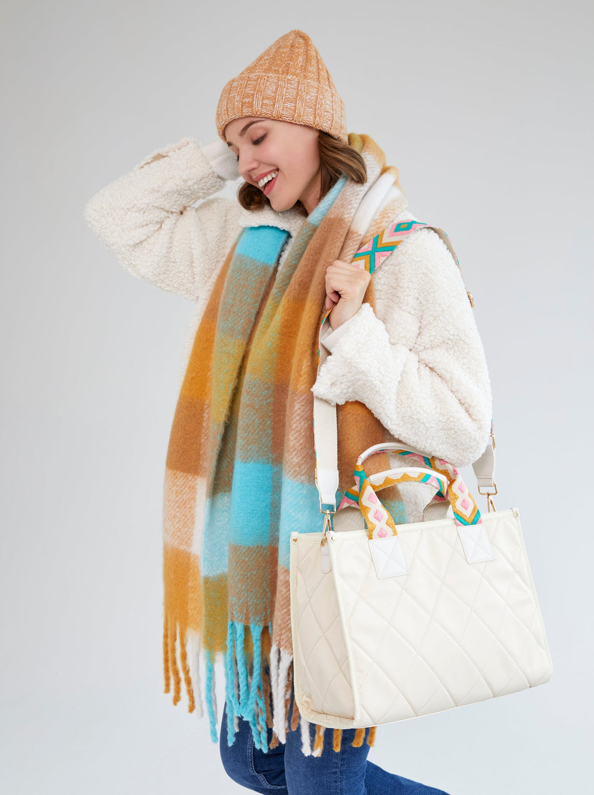 Woman wearing brown winter hat