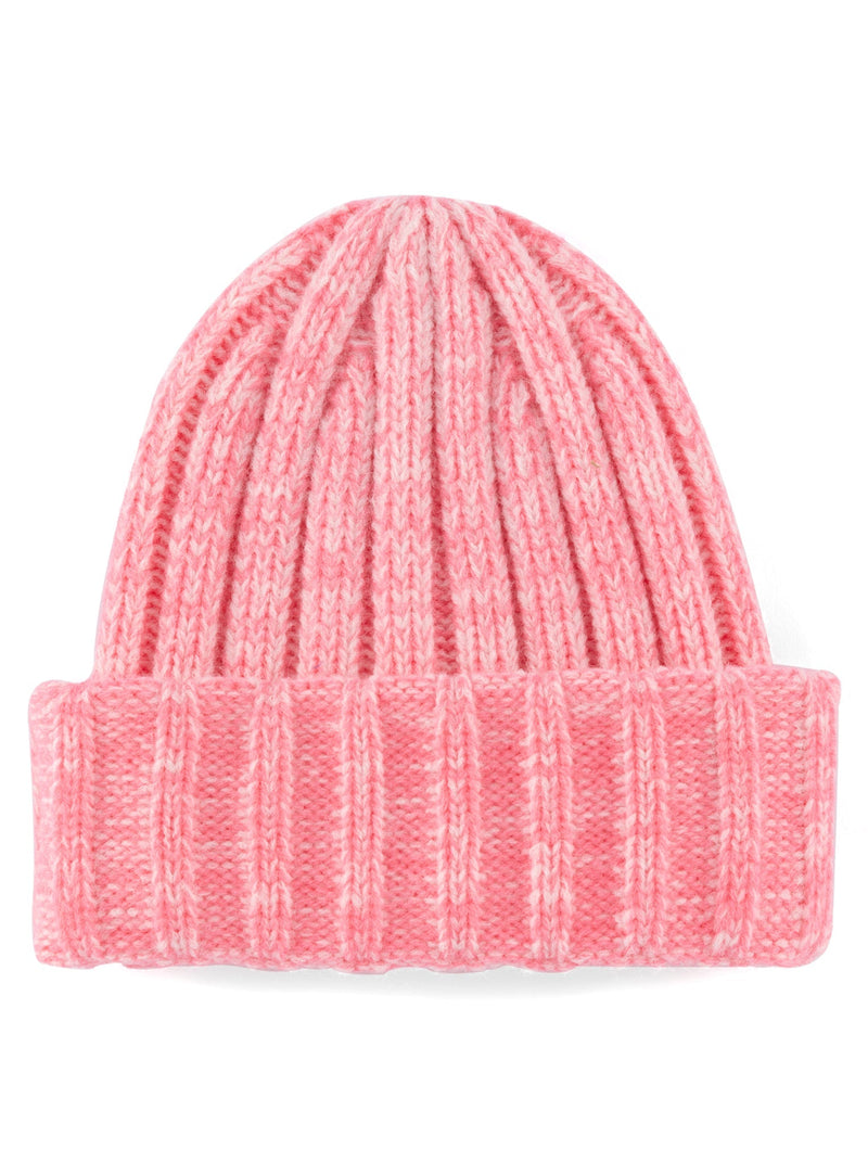 A solid pink colored knit hat with a wide rib texture.