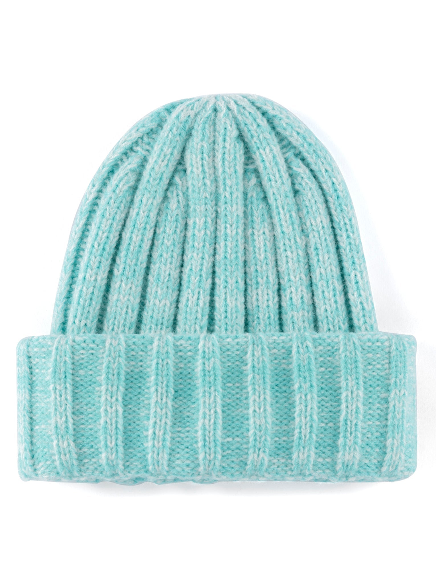 A turquoise colored knit hat with a wide rib texture.
