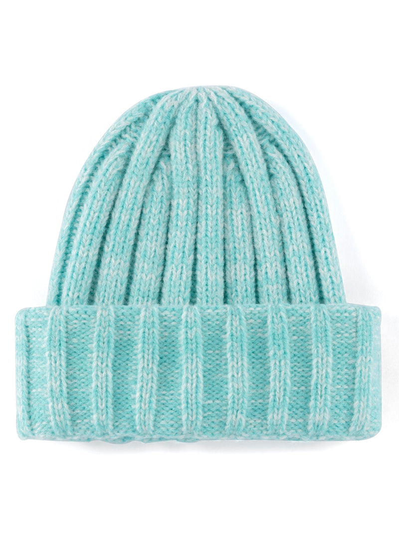 A turquoise colored knit hat with a wide rib texture.
