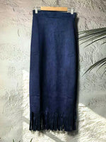 Blue High-Waisted Fringe Midi Skirt pictured on a gray backdrop