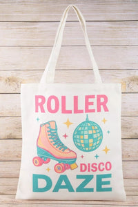 Tote bag with 'Roller Disco Daze' design on a wooden surface