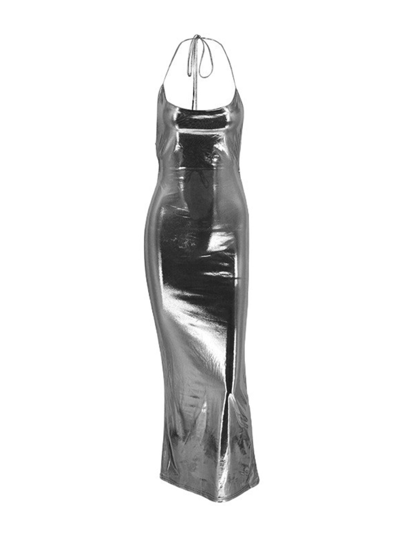 Silver metallic dress on a white background