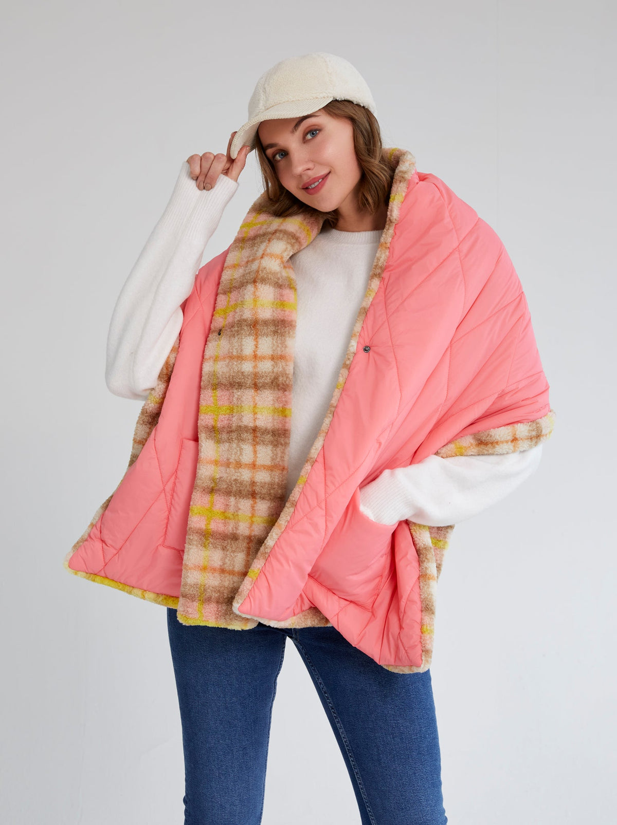 model showing the inside of Shiraleah Malena Puffer Wrap, Pink 