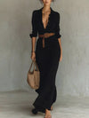 Full Size Elegant V-Neck Ruched Maxi Dress with Belt Plus Size