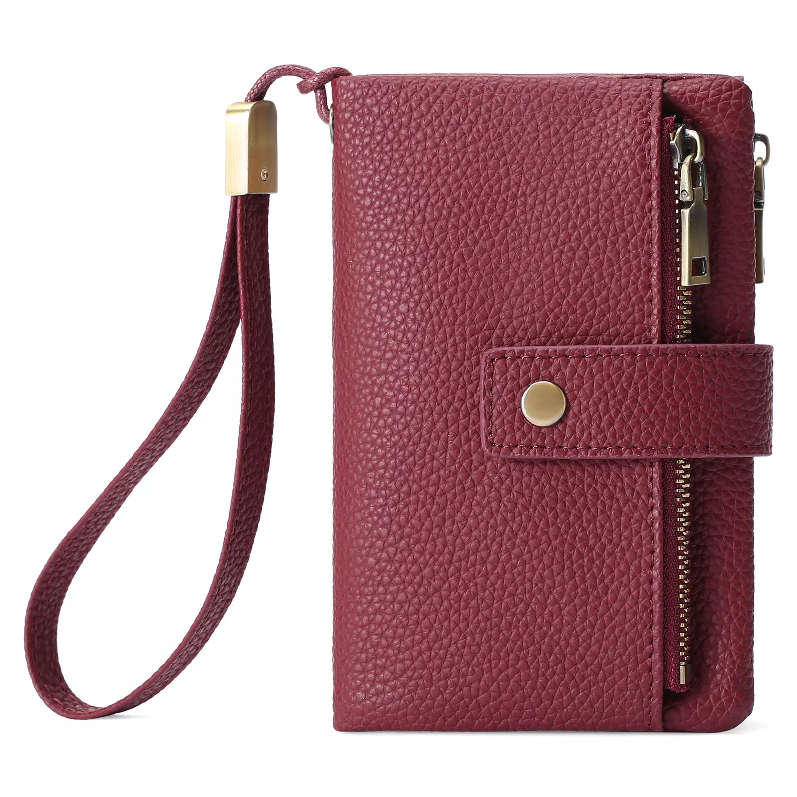 Maroon leather wallet with wrist strap and zipper on a white background