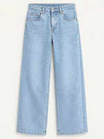 Light wash blue denim jeans with a straight-leg fit, shown flat against a light beige background.