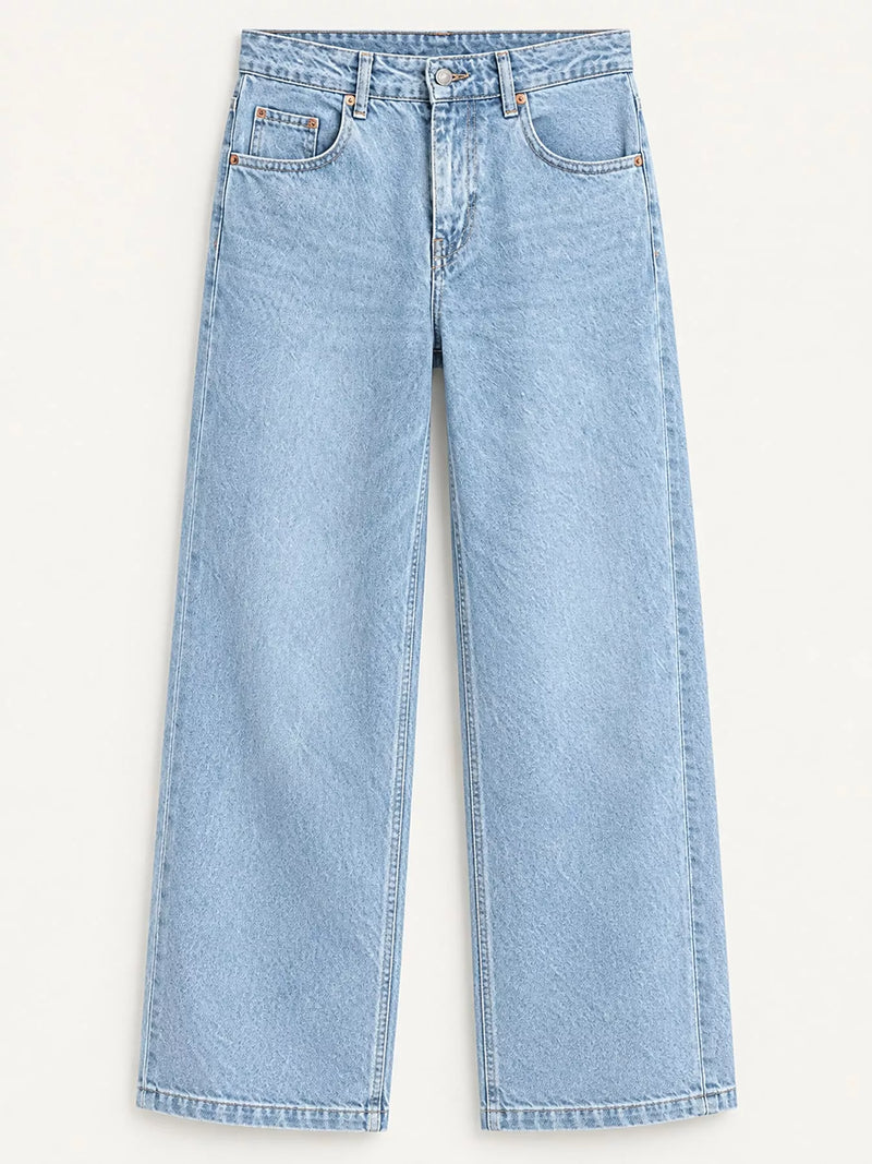 Light wash blue denim jeans with a straight-leg fit, shown flat against a light beige background.