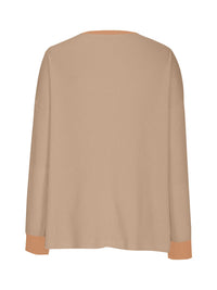 Beige sweater with brown cuffs and hem on a white background